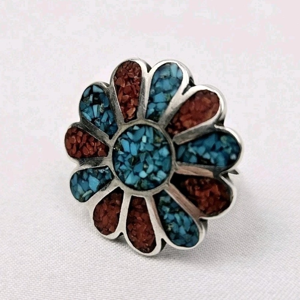 Vintage Sterling Turquoise Coral Flower Ring Flower sz 4.75 Native American